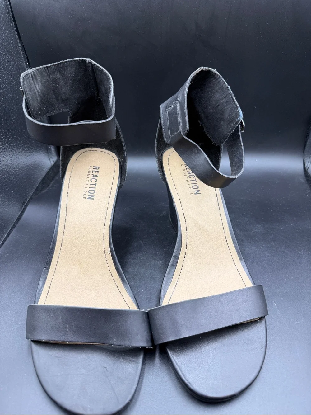Reaction Kenneth Cole Black Ankle-Strap Wedge Sandals